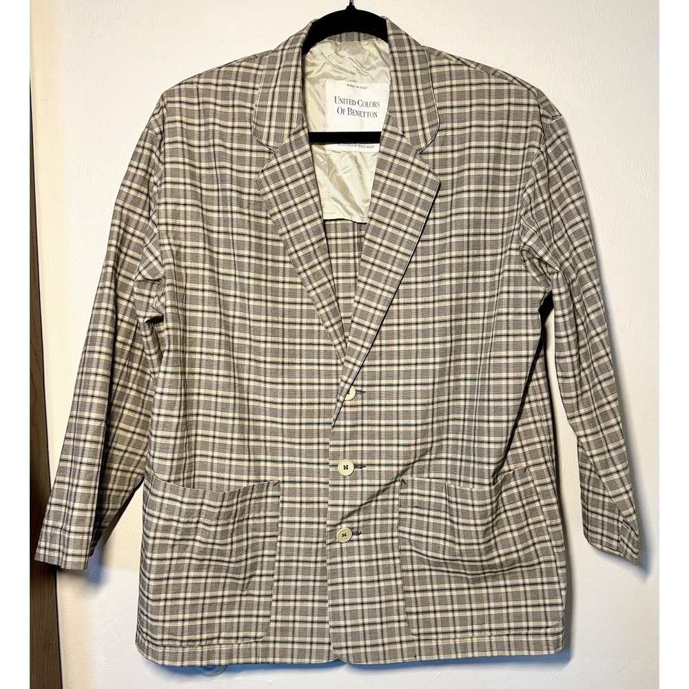 Vintage United Colors of Benetton Plaid Blazer Sport Jacket Women Size 42 Beige